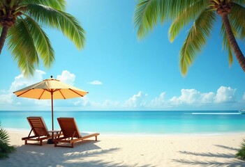 Two wooden lounge chairs sit beneath a straw umbrella on a sandy beach. The tranquil sea reflects a bright blue sky, while palm trees sway gently in the breeze. Ideal for relaxation. Generative AI