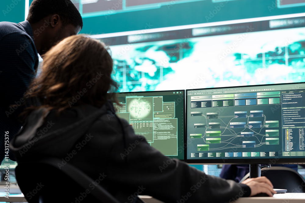 Poster professional it expert working in a governmental security operations center, analyzing data on a big