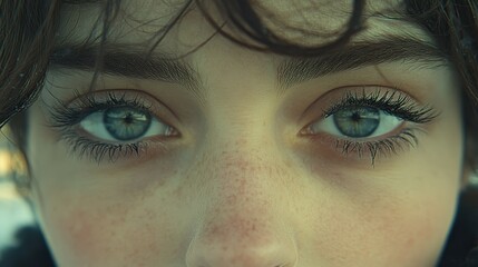 Fototapeta premium A young individual gazes directly at the viewer, showcasing vibrant blue eyes with distinct features. The soft focus highlights the natural beauty and tranquility of the setting