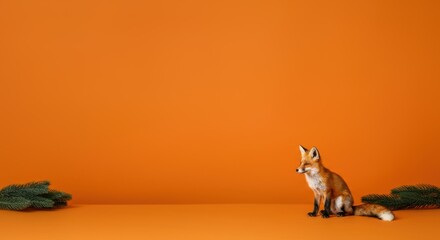 Obraz premium Red fox sits on orange background with pine branches