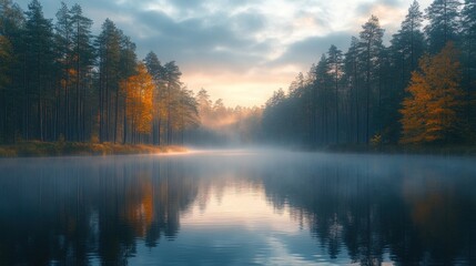 Fototapeta premium Misty sunrise over calm lake reflecting autumn trees.