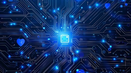 Obraz premium Futuristic AI art featuring a glowing digital circuit board and neural network, symbolizing advanced technology.