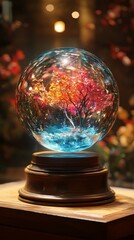 Glowing crystal orb reflecting colorful lights on a wooden surface