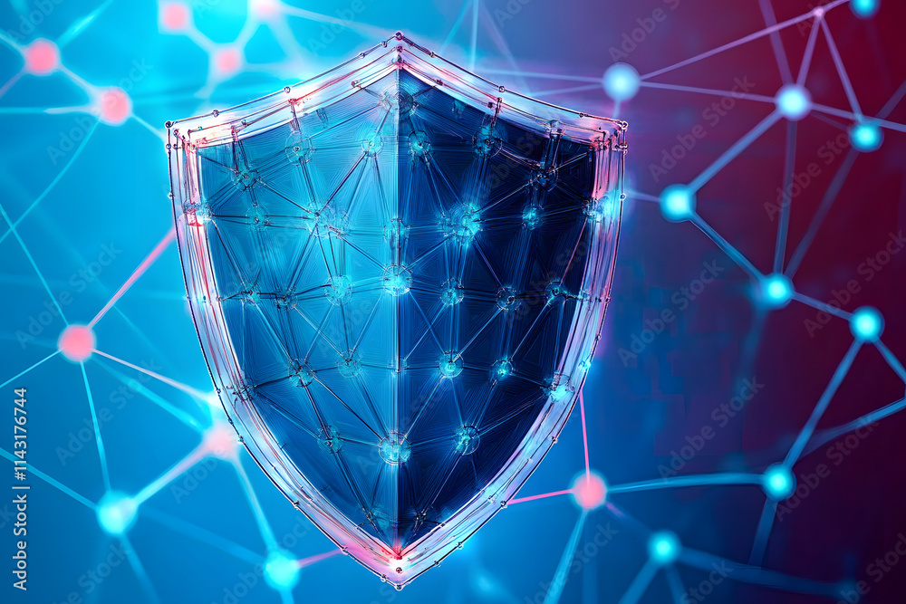 Poster digital shield with network connections, representing cybersecurity protection and data safety in a 