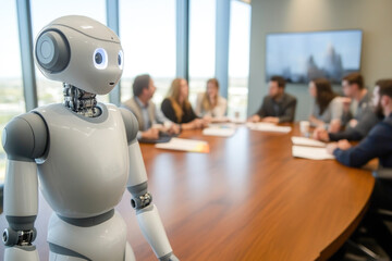 Robot in modern office meeting with diverse team in conference room