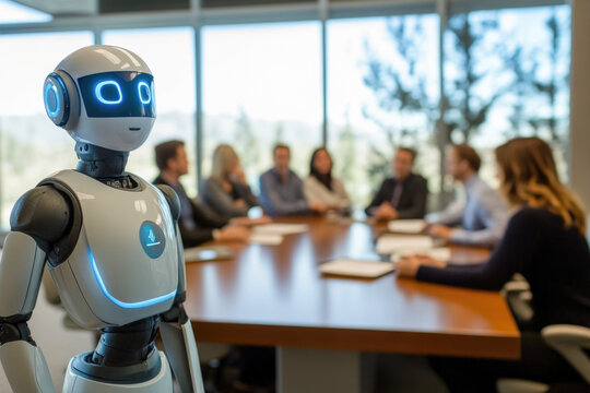 Futuristic robot in a modern office meeting with diverse business professionals