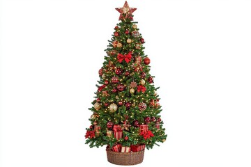 A festive Christmas tree adorned with red baubles and gift boxes against a white background.A Christmas tree decorated with red baubles and gift boxes on a white backdrop.A festive scene featuring a