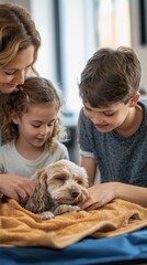 Family caring for sleeping dog on blanket at home
