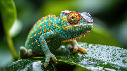 Obraz premium Vibrant chameleon perched on a dewy green leaf in a lush rainforest.