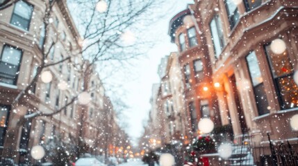 Obraz premium A peaceful suburban street blanketed in snow, with houses draped in white.