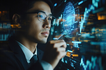 Asian male analyzing digital data on holographic screen in a business setting