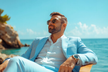 Young caucasian male relaxing by the ocean in stylish suit on a sunny day
