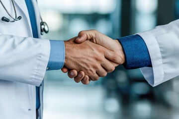Two male professionals shaking hands in a medical setting