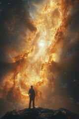 Silhouette of a Person Staring at a Majestic Cosmic Scene with Vibrant Orange and Yellow Cloud Formations Lighting Up an Expansive Night Sky