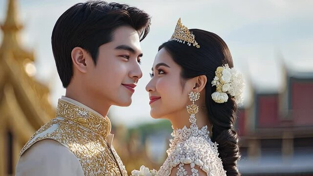 Royal Love Story: A captivating portrait of a handsome prince and his beautiful princess, adorned in exquisite Thai traditional attire.