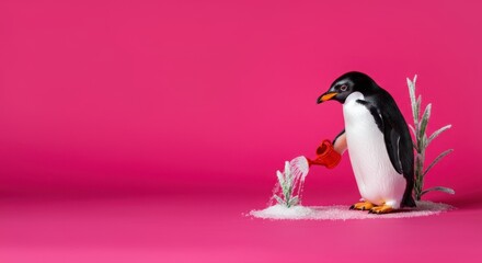 Fototapeta premium Penguin watering plant with red glove on pink background