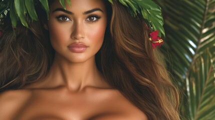 Naklejka premium A woman showcases her beauty with a crown of leaves and vibrant flowers. She stands amidst a backdrop of lush tropical plants, radiating a serene and captivating presence