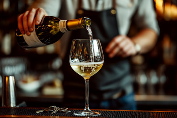 A person pours white wine into a glass at a bar, with focus on the glass. Concept of elegance and leisure. For food and drink articles.