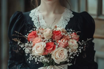 Elegant Lady Holding Romantic Bouquet of Roses and Blossoms in Vintage Dress, Floral Beauty Concept