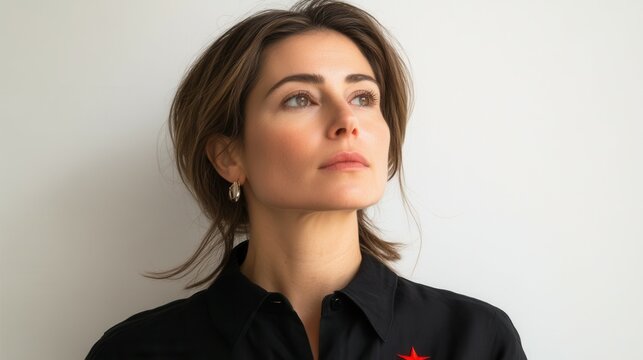 A woman stands in a bright indoor area, staring into the distance with a contemplative expression. She wears a black shirt featuring a striking red emblem and subtle earrings