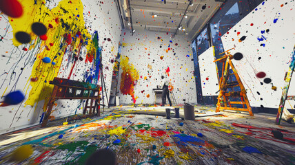 Fototapeta premium An abstract art studio filled with colorful paint splatters, canvases, and brushes, with an artist in action creating a bold masterpiece, vibrant and creative.