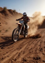 Dark brown dirt plume rising, motocross bike trace visible, dark, impact, off-road