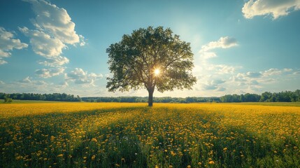 Obraz premium Solitary tree in vibrant yellow field at sunset.