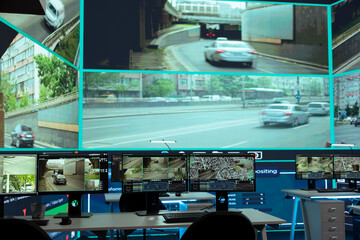 Public security headquarters office with CCTV cameras system and radar across the city, observing traffic through satellite video surveillance footage. Reconnaissance monitoring room.