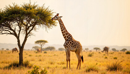 Obraz premium Giraffe reaching for leaves on an acacia tree in the African savanna