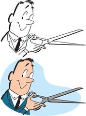 A vintage retro cartoon of a businessman holding an oversize pair of scissors. 