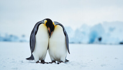 Obraz premium Emperor penguins huddling together in an icy Antarctic landscape
