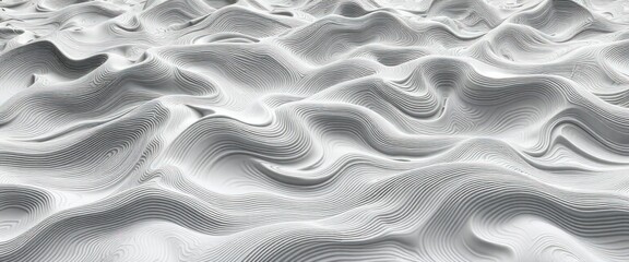 Abstract 3D topography design with undulating contour lines. Complex patterns form dynamic layers. Minimalist monochrome design. Suitable for wallpaper background. Evokes sense of terrain, elevation.