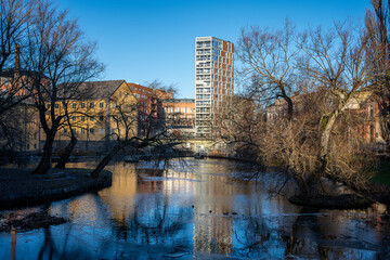 Motala Stream and the old industrial landscape during December 2024 in Norrköping. Norrköping is a historic industrial town in Sweden.