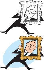 A vintage retro cartoon of a businessman holding up an empty picture frame to frame his face. 