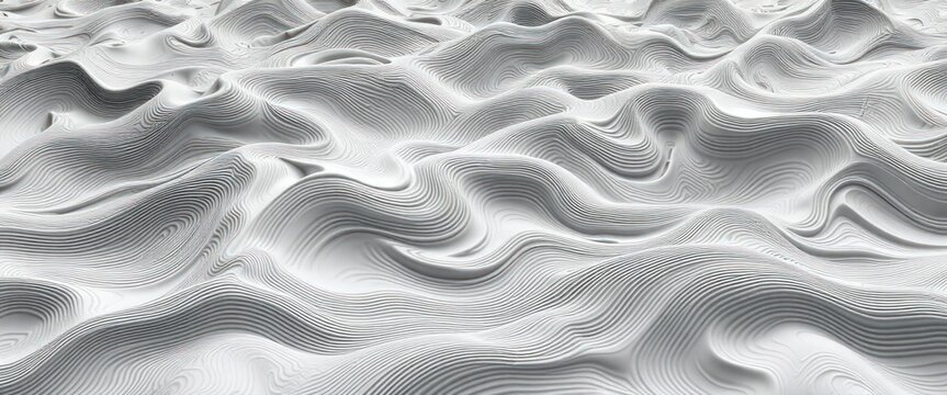 Abstract 3D topography design with undulating contour lines. Complex patterns form dynamic layers. Minimalist monochrome design. Suitable for wallpaper background. Evokes sense of terrain, elevation.
