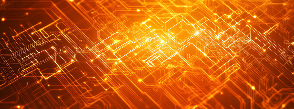 Abstract orange circuit board pattern with glowing lines. A high-tech digital background perfect for technology-themed projects.