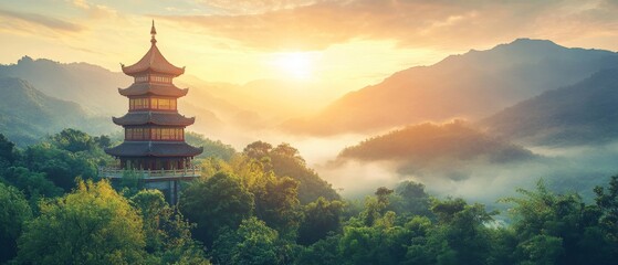 Ancient pagoda standing tall amidst lush green landscapes with golden sunlight highlighting traditional Chinese craftsmanship and cultural heritage