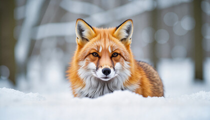 Obraz premium Red fox resting in a snowy forest during winter