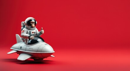 Chimpanzee astronaut in spacesuit, gives thumbs up, sitting on rocket front of red background
