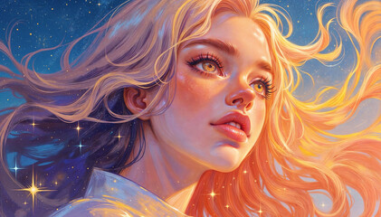 a vibrant and colorful digital illustration featuring a person with flowing hair, set against a starry night sky background. The hair is adorned with sparkles, adding to the magical and e