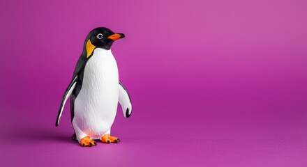 Fototapeta premium Plastic penguin figurine on pink background