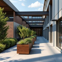 Modern architectural walkway with greenery featuring stylish planters and large windows creating a serene outdoor ambiance wood concrete design wood design concrete architecture wall floor modern