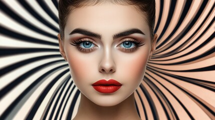 Vibrant pop art portrait featuring striped shadows and striking red lips