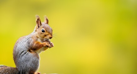 Obraz premium Squirrel eating nut against blurred green background