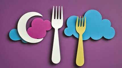 A surreal fork extending towards a crescent moon in a colorful nighttime scene.