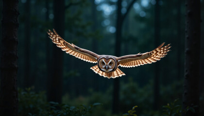 Fototapeta premium Owl in mid-flight through a dark forest at twilight