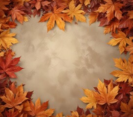 Fototapeta premium Warm-toned autumn leaves, vintage textured background, design, aesthetic, wood