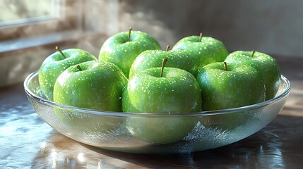 Fresh green apples in a glass bowl on a table by a window.