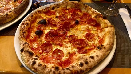 pizza on a wooden table