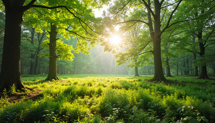 Obraz premium Sunlight streaming through lush green trees in a serene forest